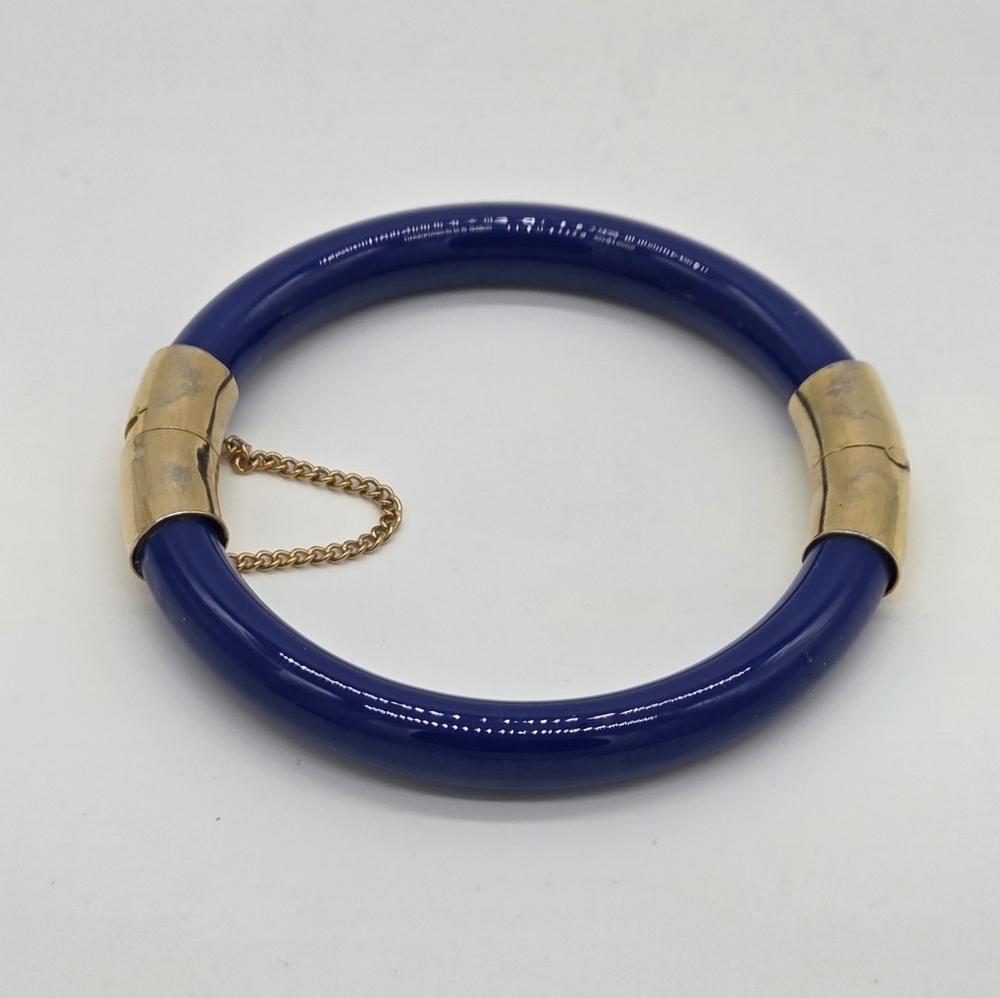 Vintage Gold-Tone and Blue Enamel Hinged Bangle Bracelet
